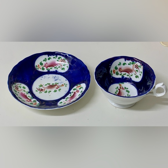 19th Century Antique Gaudy Welsh Feather Pattern Cup & Saucer Tea Set - Picture 4 of 16